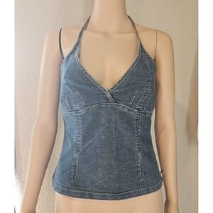 Vintage Y2K Denim Halter Top Side Brass Zipper European Size 38 Boho Western
